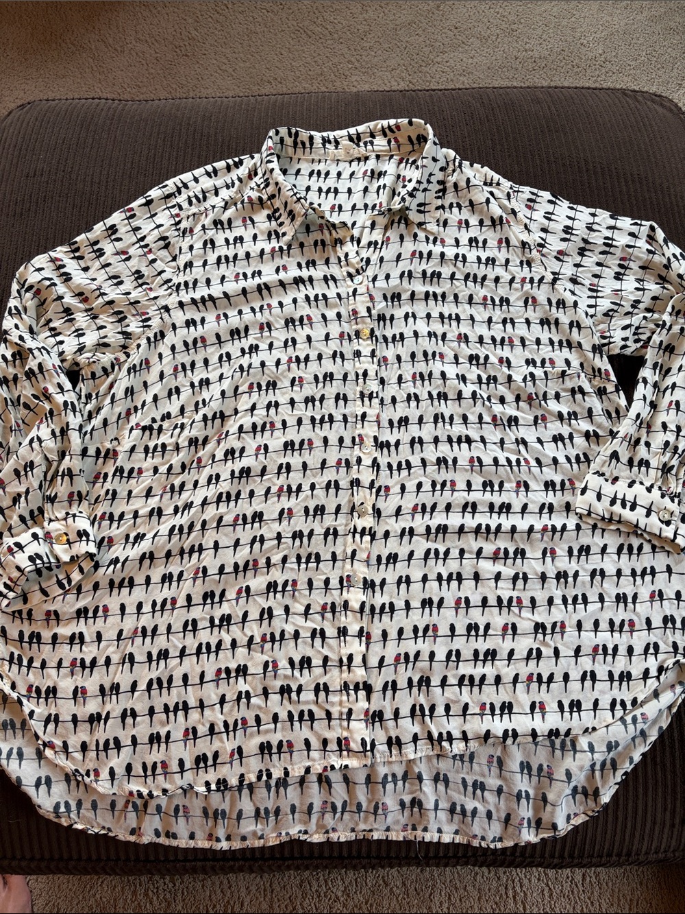 Jane and Delancey Birds on a Wire (Parrots) button front Roll-tab sleeve Blouse - Picture 4 of 17